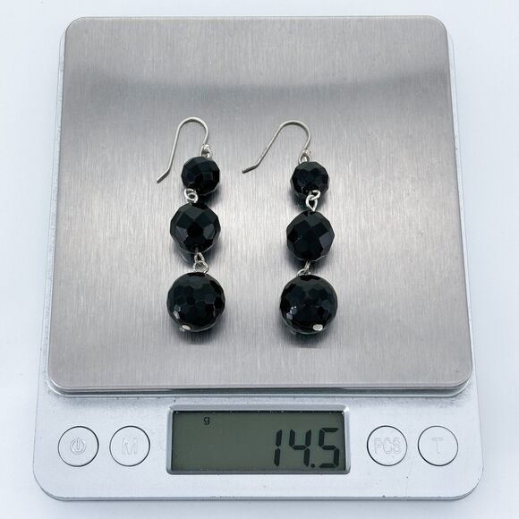 Faceted Black Glass Bead Dangle Earrings | Vintage Silver Tone - Picture 4 of 4
